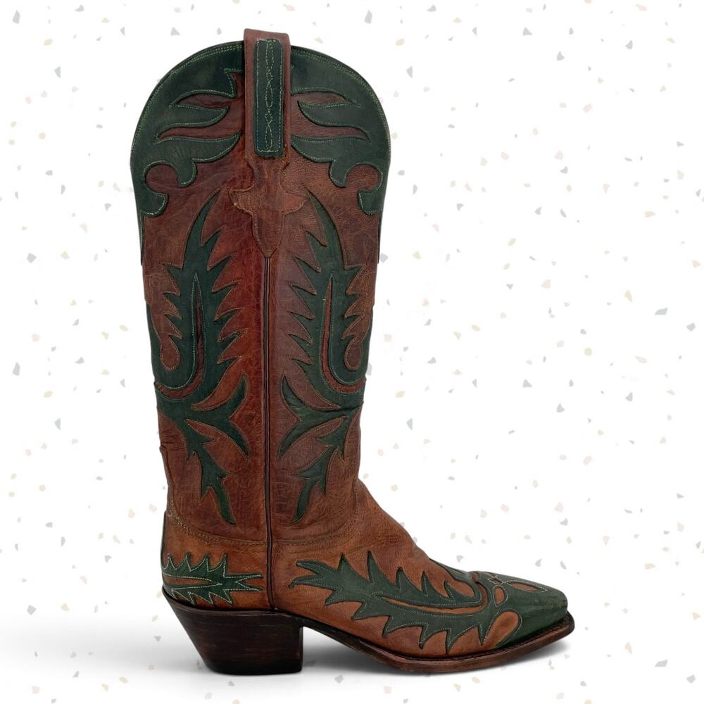 Vintage Lucchese Classics Western Boot Cowboy Green Overlay Brown Leather Size 6 - Picture 3 of 15